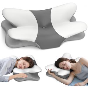 Cervical Neck Pillow for Pain Relief - Ergonomic Side Sleeper Pillow for Neck Support, Cooling Memory Foam Pillows for Sleeping, Contour Pillow Orthopedic Bed Pillow for Back Stomach Sleepers (White & Grey)