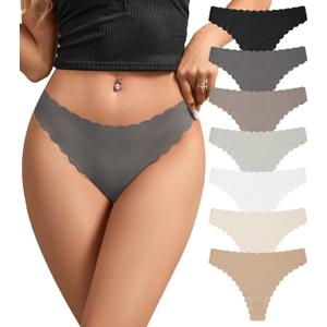 SHARICCA Women's Seamless Thongs No Show Underwear Soft Ribbed Invisible Panties Wave Edge Multi Pack (Medium, Black/Mud Gray/Silver Gray/Deep Brown/Beige Camel/Cream Beige/White)
