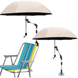 2 Pcs Beach Chair Umbrella with Clamp 49.2" 360 Adjustable Golf Umbrella with Clip and Retractable Stand Sun Shade for Camping Outdoor Travel Patio Wheelchair Golf Cart Stroller (Beige)