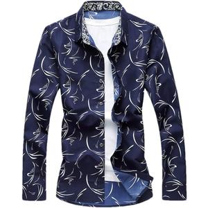 Vsadsau Men's Shirt Large Size Business Leisure Print Long Sleeve Shirt Slim Casual Shirt, Navy, 5XL