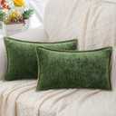 decorUhome Fall Chenille Soft Throw Pillow Covers 12x20 Set of 2, Lumbar Velvet Farmhouse Neutral Decorative Pillow Covers with Stitched Edge for Couch Sofa Bed Home Decor, Forest Elf