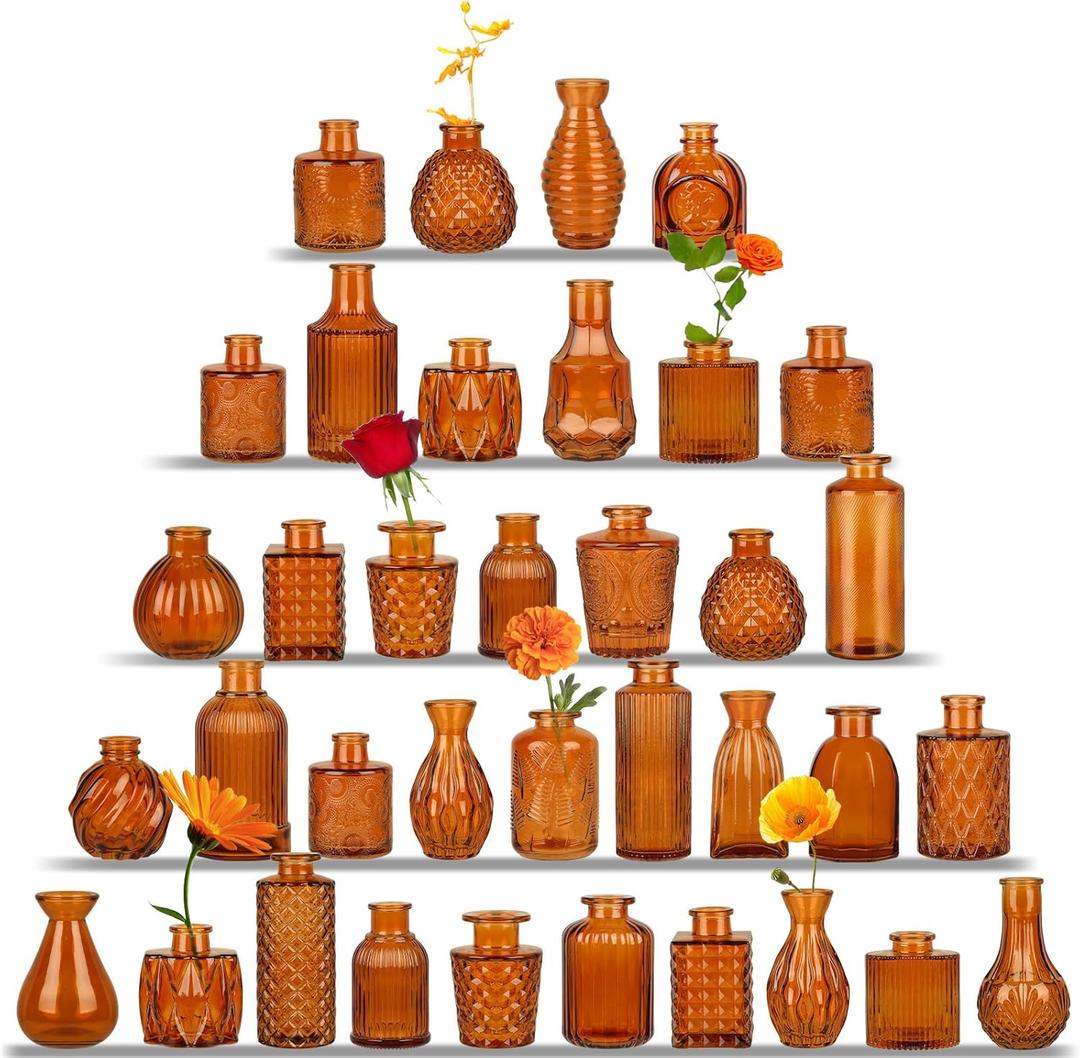 Brown Glass Bud Vases Set of 36, Mini Flower Vase for Centerpieces, Small Amber Bud Vases in Bulk for Wedding Decorations, Vintage Vase for Table, Reception, Home Decor