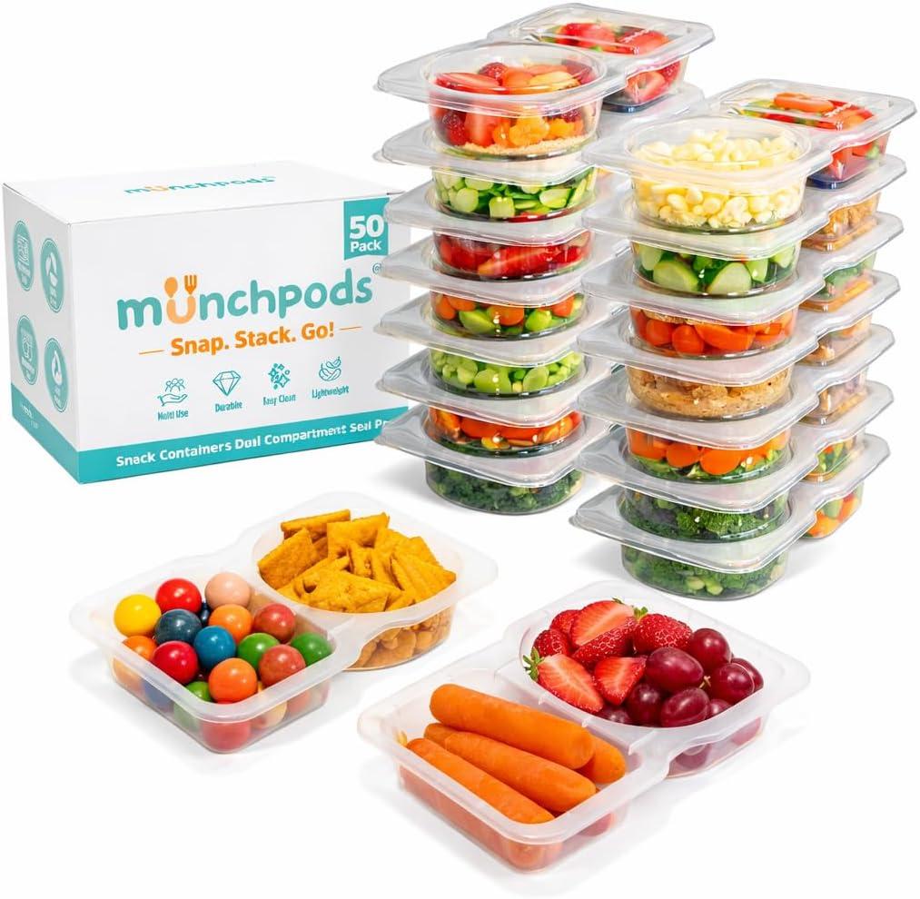 Reusable Snack Containers with Lids 50 Pack (100 Pieces) Portion control, Snack Pack Containers 2 Double Compartment Snack Containers for Kids On the Go Meals, Camping Snack Tray Prep