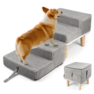 Hdnbsp Split Ottoman Dog Ramp, 4-Step Dog Stairs for Bed, Foldable Pet Steps for Small, Medium, Senior Dogs & Old Cats - Couch Height, Anti-Slip, Washable Cover, Storage Pocket, 135lb Capacity