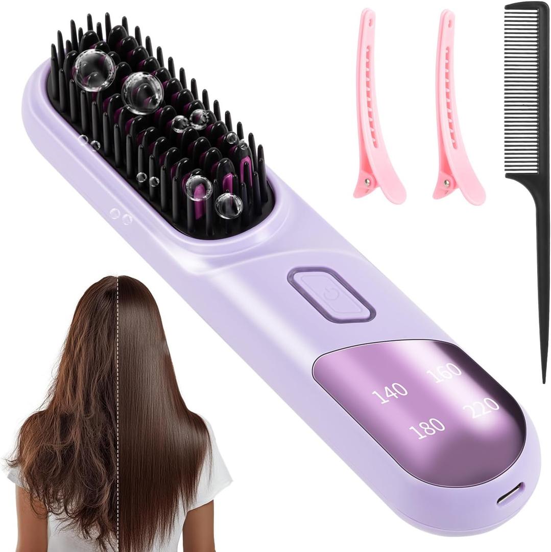 Go Brush Pro, 3-in-1 Cordless Negative Ion Hair Straightener & Curle & Comb, 4 Temps Intelligent Control, Fast Heating MCH Ceramic Coating, Anti-scalding Comb Teeth, Smoothes Frizz