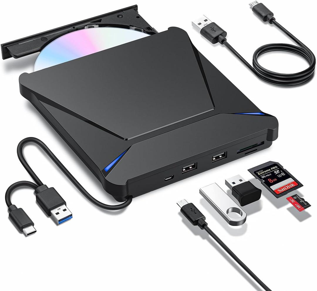 External DVD Drive, USB 3.0 Type-C Portable CD DVD Drive Burner Player Reader Writer with 2 USB 3.0 Ports and TF/SD Card Slots, Optical Disk Drive for Laptop Mac, PC Windows 11/10/8/7 Linux OS