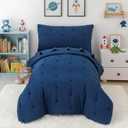 4 Piece Toddler Bedding Sets for Boys, Navy Blue Embroidery Toddler Comforter Sets Bed-in-a-Bag Includes Reversible Comforter, Flat Sheet, Fitted Sheet and Envelope Pillowcase | Soft Microfiber, Embroidery Quilted, Fine Craftsmanship, Machine Washable, 3 Color Options