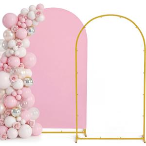 7.2FT Metal Arch Backdrop Stand and Cover Set, Gold Wedding Backdrop Arch Stand with Cover, Balloon Arch Stand with White Arch Cover for Birthday Party, Baby Shower, Anniversary Event (Pink, 7.2FT)