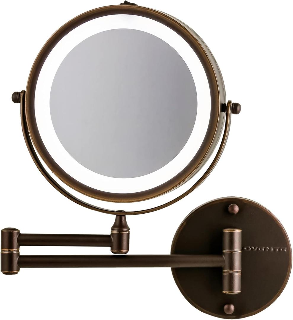 OVENTE Wall Mounted Lighted Makeup Mirror, 7" Double Sided 1X/7X Magnifying Vanity Mirror for Bathroom with LED Lights, Cordless, 360 Rotation and 13" Extendable Arm, Antique Bronze MFW70ABZ1X7X
