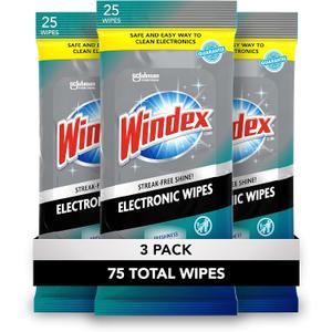3 x Windex Electronic Cleaning Wipes, Pre-Moistened Screen Wipes for TVs, Phones, and Other Electronics, Resealable for a Freshness Lock, 25 Count (Pack of 3)