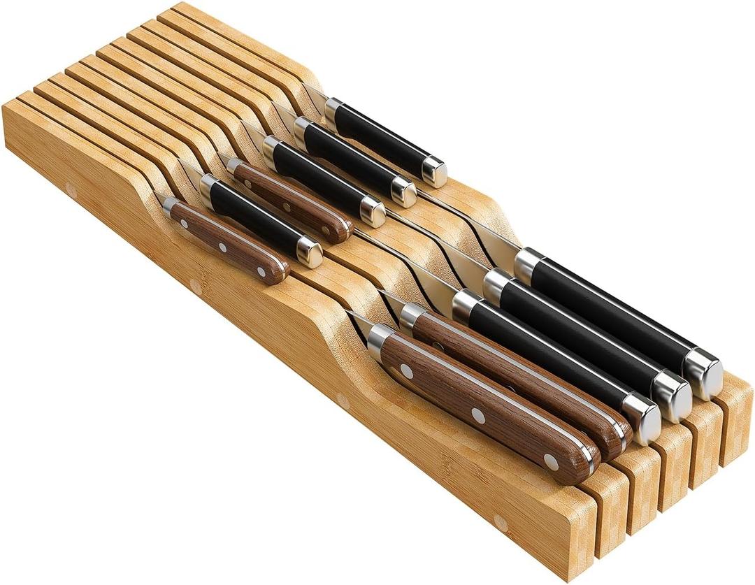 Bamboo In-Drawer Knife Block for 11 Knives(Not Included), Knife Drawer Organizer,Knife Holder Countertop,Block Knife Storage Organizer for Kitchen
