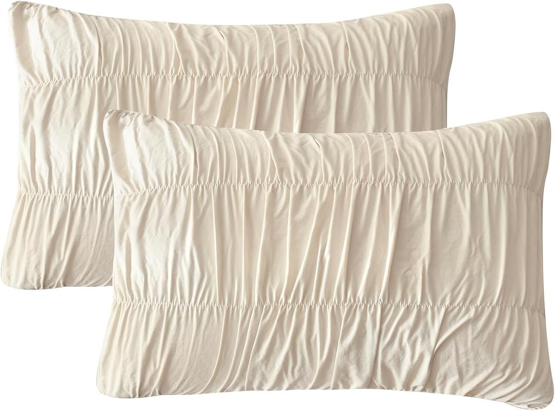 QSH Ruched Pillowcases Queen Size Set of 2, Wheat Shabby Pillow Shams 20"x30", Boho Chic Bedding Pillow Covers Queen Ultra Soft and Breathable Microfiber Pillow Sham Set