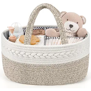 Maliton Extra Large Diaper Caddy Organizer, Cotton Rope Nursery Basket, Portable Organizer for Changing Table, Car, Diaper Storage for Baby Stuff for Newborn