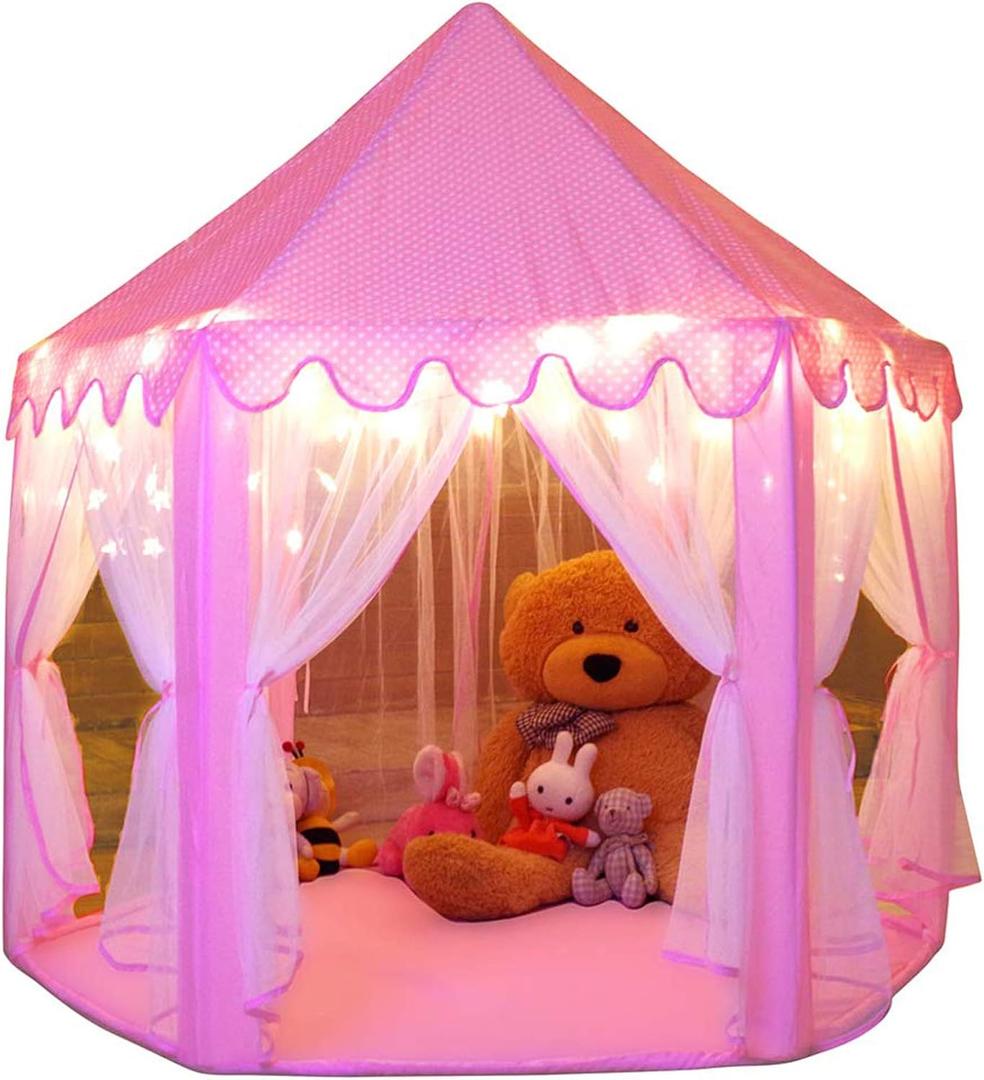 Monobeach Princess Tent Girls Large Playhouse Kids Castle Play Tent with Star Lights Toy for Children Indoor and Outdoor Games, 55'' x 53'' (DxH), Pink Tent with Little Star Lights