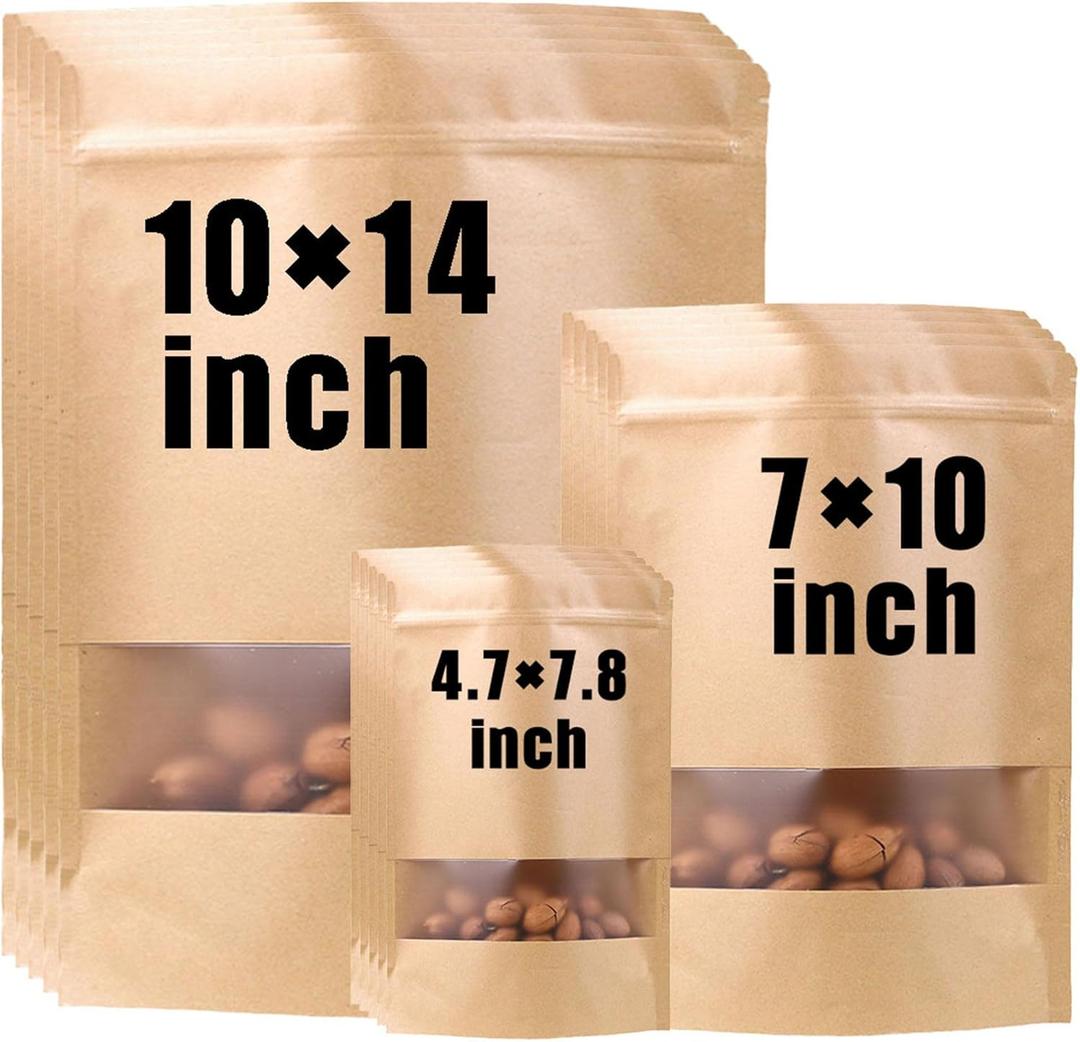 WAFUNNE 150pcs Kraft Bags with Window, 3 Sizes: 10'x14', 7'x10', 4.7'x7.8', Resealable, Disposable, Brown, Paper, Self Seal, Stand Up, Lightweight, Leak Resistant, Ideal for Food Storage