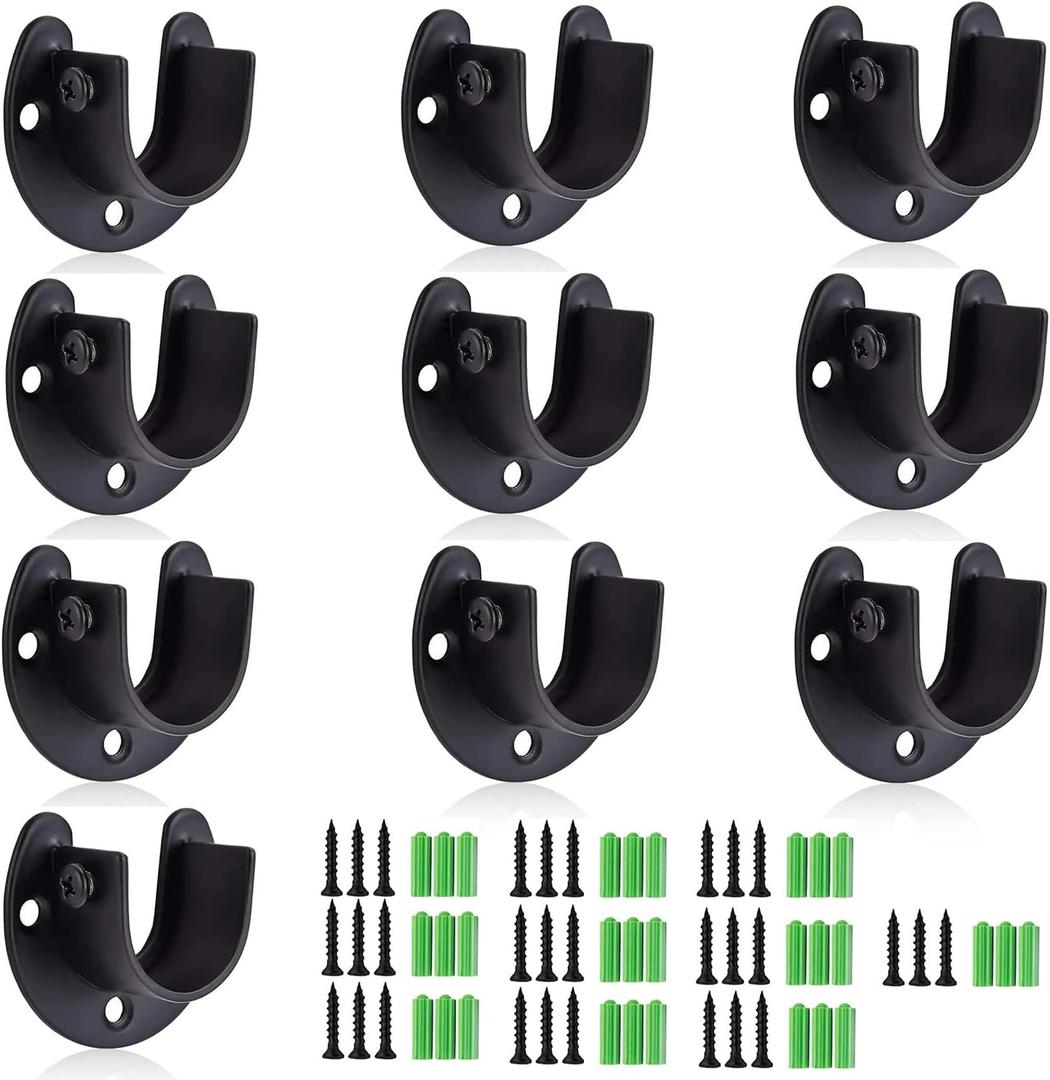 RHBLME 10PCS Stainless Steel Closet Rod Brackets Black, 1-1/4 Inch Diameter U-Shaped Closet Rod Holders, Heavy Duty Closet Rod End Supports Closet Pole Sockets Flange Rod Holder Set with Screws