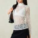 Women's Long Sleeve Floral Lace Top Sexy See Through High Neck Slim Fitted T Shirt Y2k Going Out Sheer Blouse