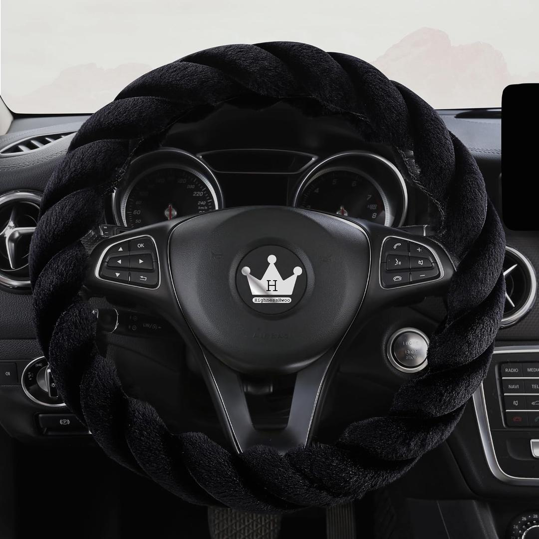 HighnessHwoo Luxury Fluffy Winter Car Steering Wheel Cover for Women Soft Warm Plush Cute Auto Accessories for Vehicle, Sedan, Universal, Fuzzy, Anti Slip, Black, Standard Size, 14.75-15.15"
