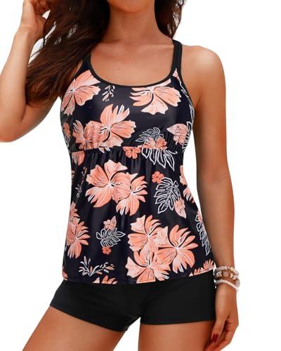 Yonique Two Piece Tankini Swimsuits for Women with Shorts Tummy Control Bathing Suits Athletic Swimwear Black and Orange Floral XXL