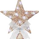 Sumind 9.8 x 11.8 Inch Christmas Star Tree Topper Glittered Star Metal Plug in Treetop Ornaments with Bow and 30 LED String Light for Christmas Tree Indoor Holiday Party Decoration(Champagne)
