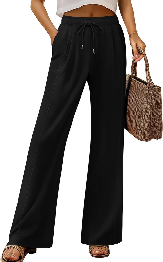 Ficerd Women's Wide Leg Sweatpants, High Waisted Baggy Flared Pants Straight Leg Loose Joggers with Drawstring Pockets (Black)