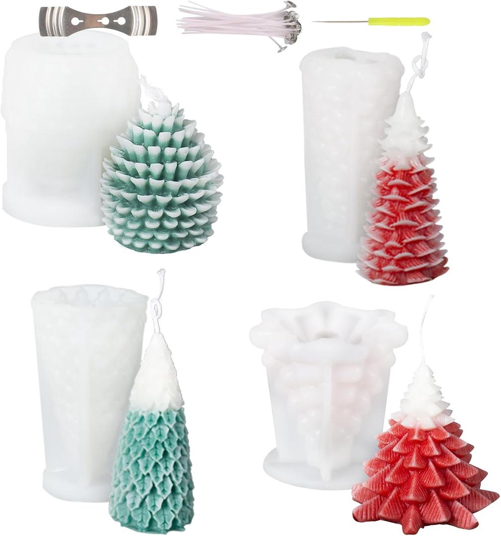 4PCS Christmas Tree Pine Cone Silicone Candle Mold Epoxy Resin Wax Mold Silicone Shapes Christmas Tree Mold for Candle Craft Making Christmas Gift Decoration