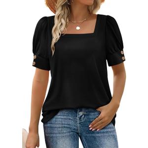 WIHOLL Womens Tops Summer Short Sleeve Shirts Square Neck Spring Outfits 2026 Fashion Clothing Blouses (Black, M)