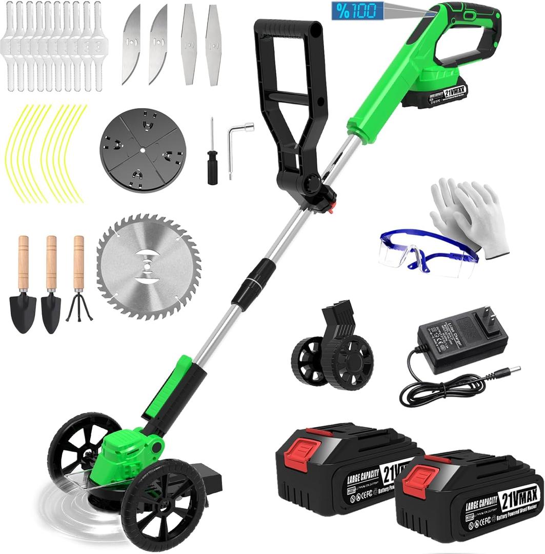 Electric Weed Wacker Cordless Eater Lightweight Edger Battery Powered Grass Trimmer/Lawn Edger/Mower/Brush Cutter, with 5 Types Blades and 2 Types Wheels for Yard and Garden Weeder Tool-Green