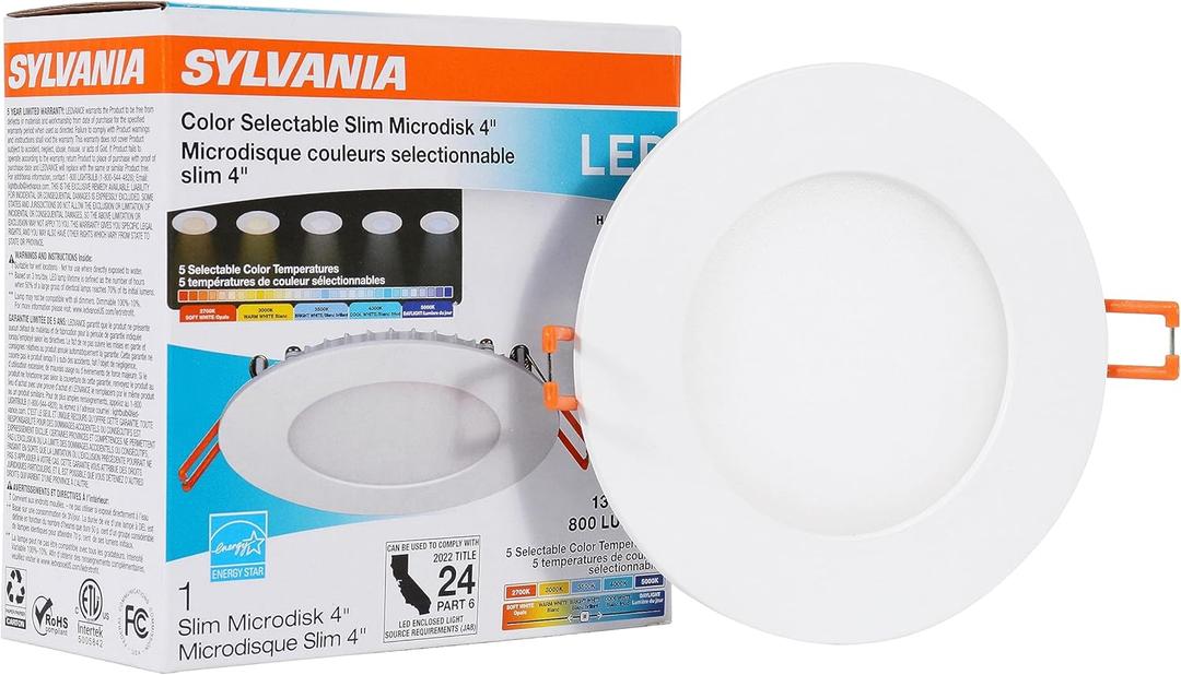 Sylvania LED 4" Slim Microdisk, Junction Box Recessed Downlight Kit, 13W, Dimmable, 5 CCT Color Select (2700K / 3000K / 3500K / 4000K / 5000K), 90 CRI - 1 Pack (61404)