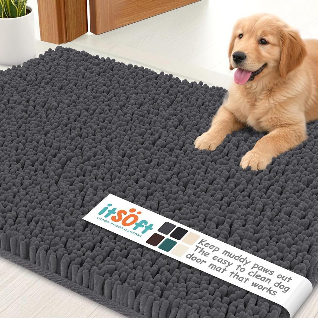 Dog Rugs for Muddy Paws 25x18 | Cleaner, Mud Free Floors | Dog Door Mat for Muddy Paws Muddy Rug for Dogs Absorbent Chenille Machine Washable w Non Slip Backing Outdoor Pets & Paw Matt, Charcoal Grey