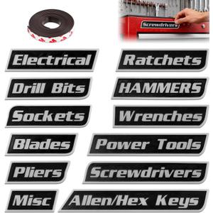 12 Pack Magnetic Tool Box Labels Set, 3D-Printed Reusable Tags for Steel Toolboxes, Carts, Drawers, Multipurpose Organization