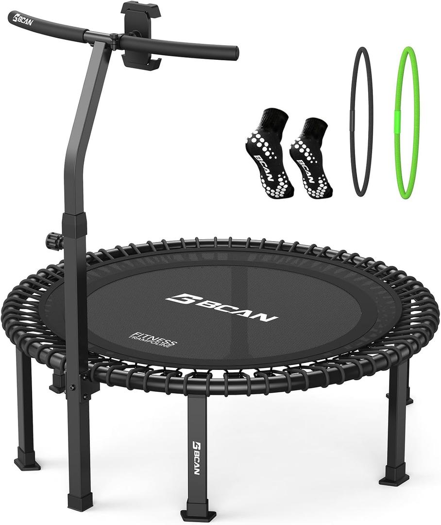 BCAN BT4 40" Soft Land Pro Adult Bungee Rebounder Trampoline, 500lb Capacity, Adjustable Tension Bungees, One-Piece Frame (16 Gauge), Quiet Indoor Cardio w/ Handle, Phone Holder & 2 Pairs Socks, Black