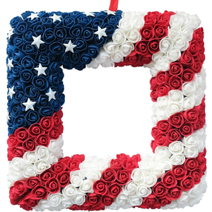 18 Inch Patriotic Red White Blue Large Square Shape Flower Wreath for Front Door, Forth of July American Flag Color Soft Touch Floral Wreath for Indoor and Outdoor, Independence Day Home Decor