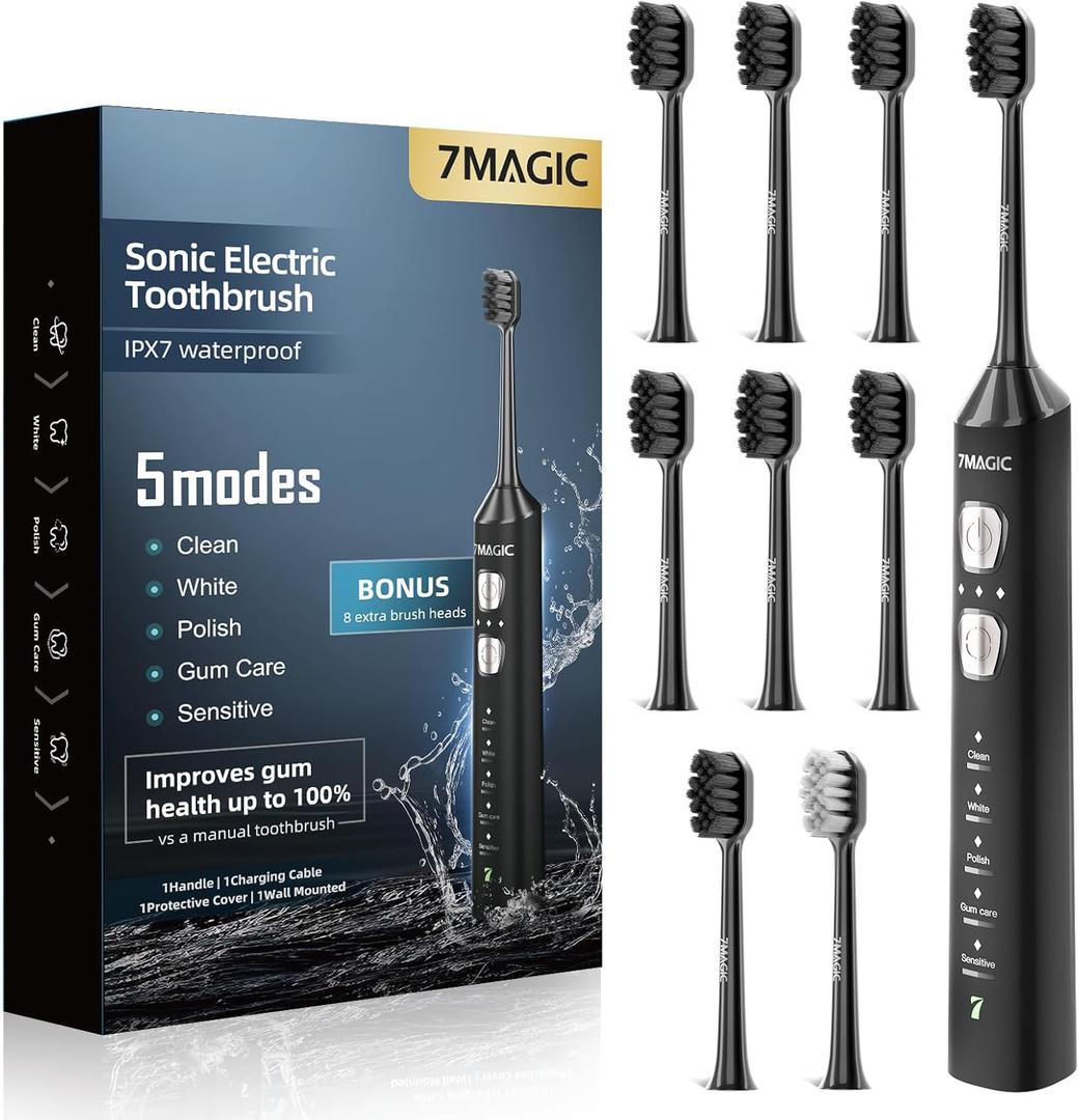 7MAGIC Sonic Electric Toothbrush for Adults and Kids - Up to 180 Days Runtime, 42000 VPM Powered Toothbrush, 5 Modes & 3 Intensities for Sensitive Teeth & Braces, Includes 8 Brush Heads, Black