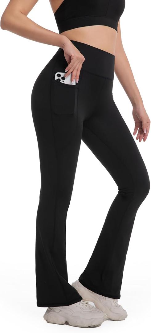 Flare Leggings for Women with Pockets High Waist Tummy Control Casual Yoga Pants for Workout Gym (Black, S)