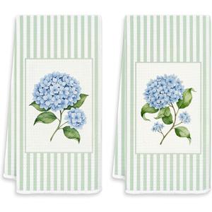 Blue Hydrangea Kitchen Towels, Preppy Green Striped Floral Decorative Hand Towels for Bathroom Kitchen, Hydrangea Floral Dish Tea Towel, 16x24 Inches Set of 2