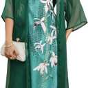 Honwenle Women's Linen Dress 2 Piece Outfit Floral Sleeveless Loose Maxi Summer Dresses with Jacket Formal Casual (Green-floral, Large)