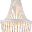 Q&S Beaded Chandelier Farmhouse White Wood Beaded Boho Light Fixture Vintage Antique 8 Lights for Dining Room Nursery Kitchen Foyer Bedroom Living Room UL Listed