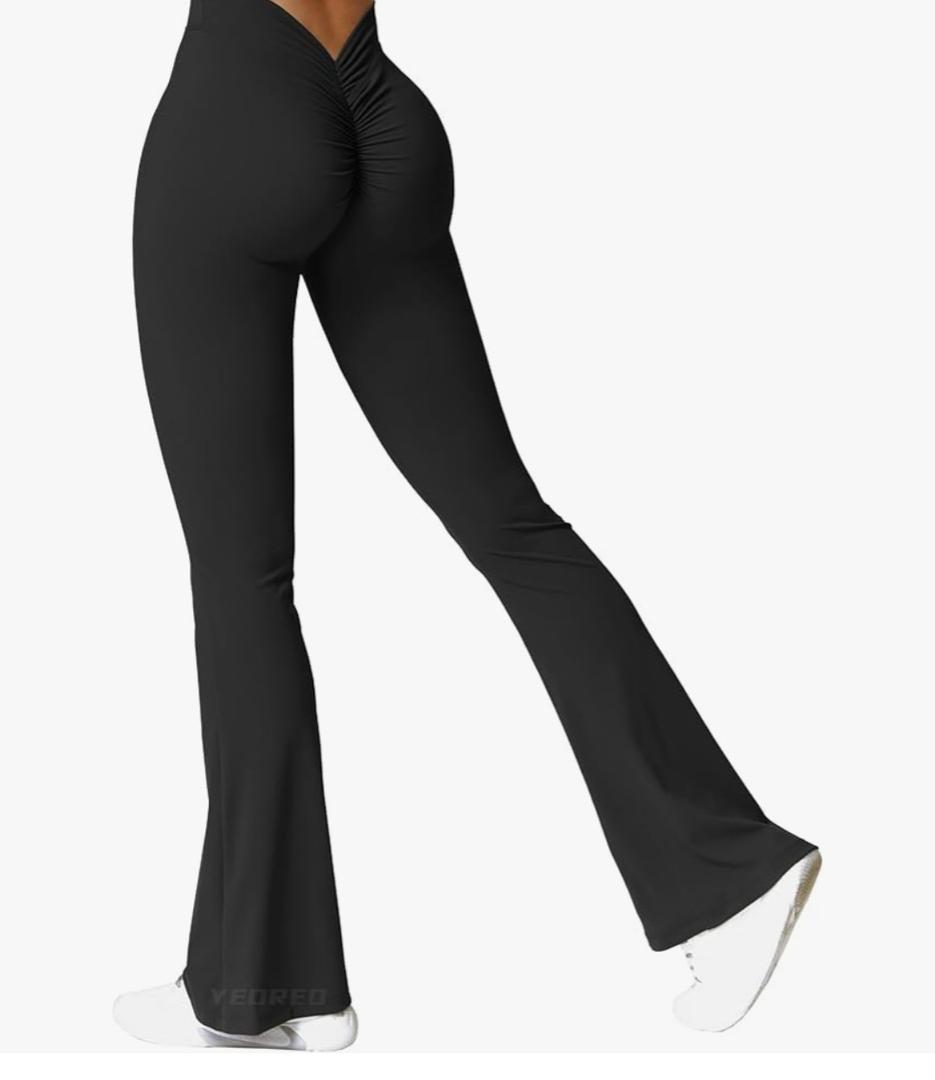 YEOREO Scrunch Flare Leggings V Back Butt Lifting Wide Leg High Waist 31.5" Gym Workout Yoga Pants. XS, Black