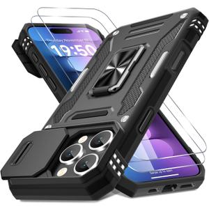 DEERLAMN Case for iPhone 16 Pro with Slide Camera Cover+Screen Protector(2 Packs), Rotated Ring Kickstand Military Grade Shockproof Protective Cover-Black