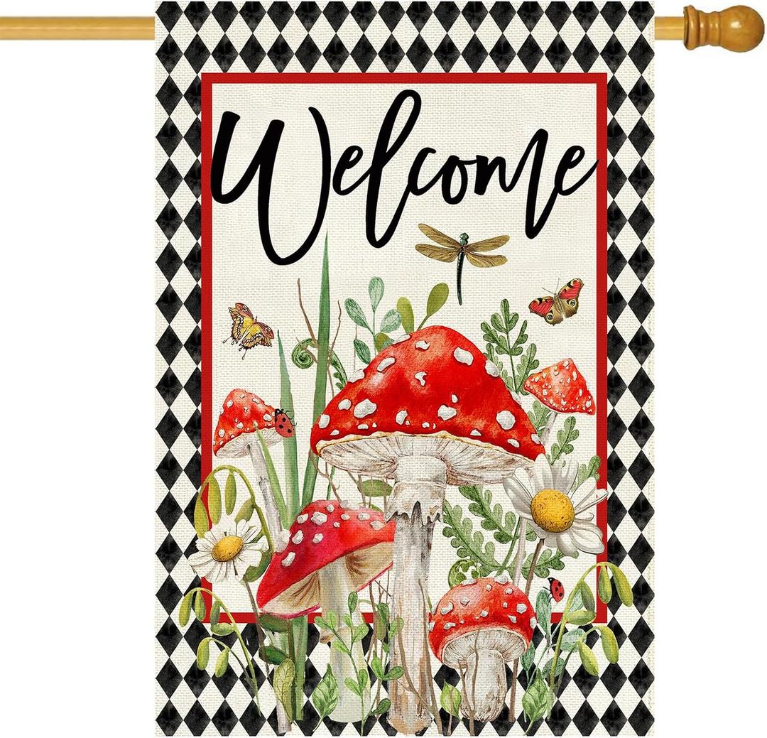 Baccessor Spring Summer House Flag 28 x 40 Inch, Mushroom Floral Diamond Double Sided Burlap Welcome Large Yard Flag Seasonal Holiday Lawn Proch Outdoor Outside Decor