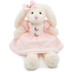 oits cute Small Soft Stuffed Animal Bunny Rabbit Plush Toy for Baby Girls 15inch (White Rabbit Wearing Pink Retro Dress)