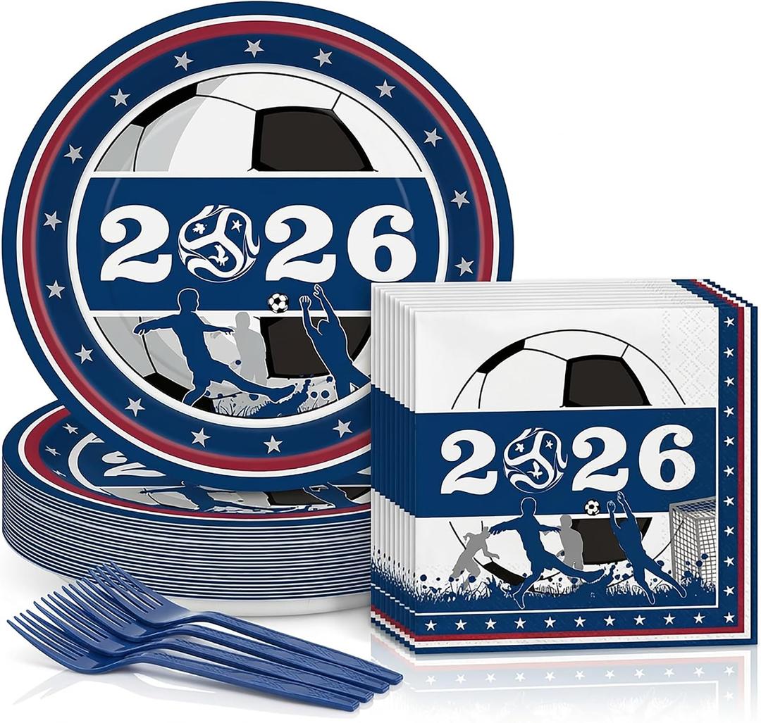 World Cup 2026 Soccer Party Decorations - 150Pcs Disposable Paper Plates and Napkins Party Supplies for Soccer Themed Birthday, Game Day Watch Parties, Fan Celebrations (For 50 Guests)