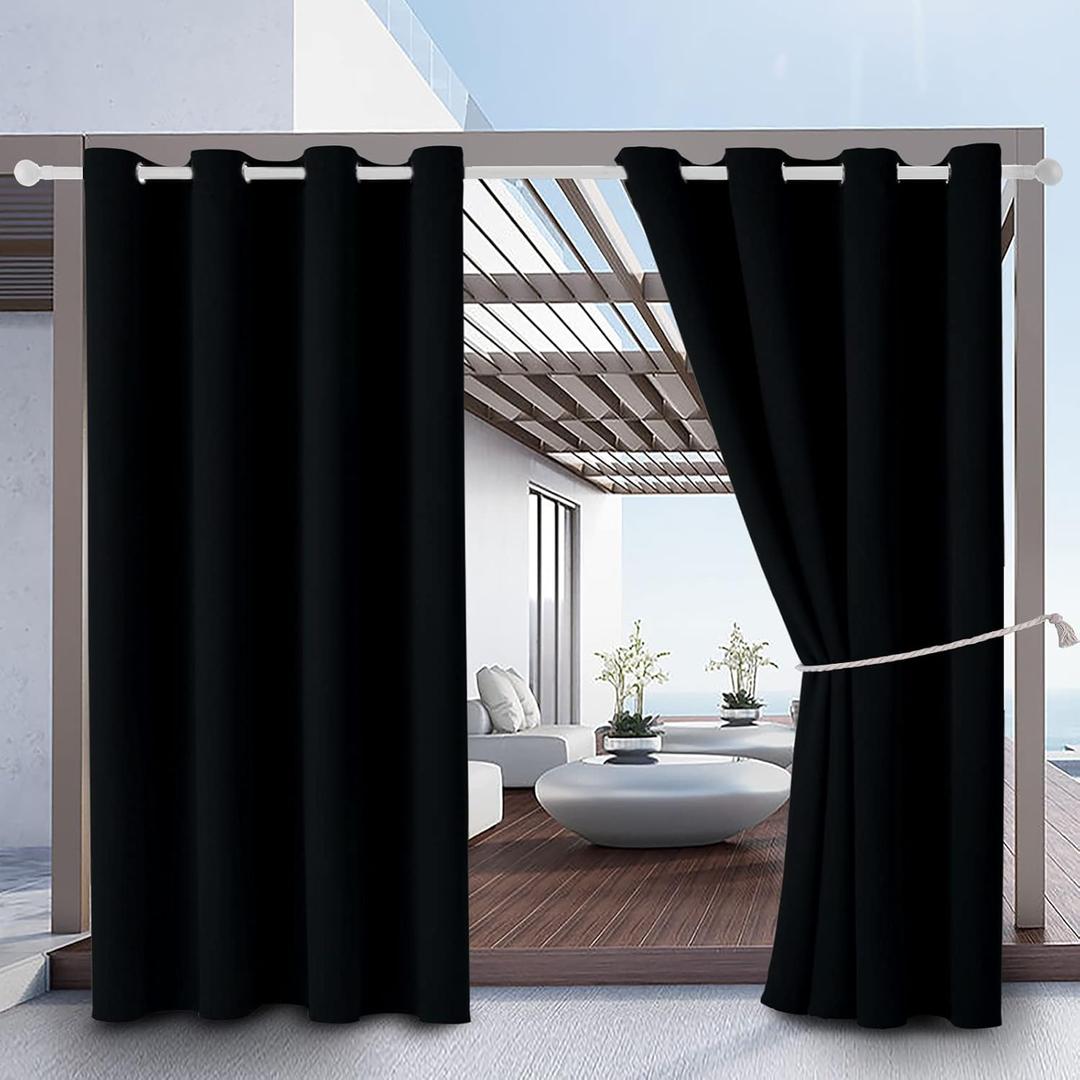 Outdoor Indoor Curtains W52 x L72 for Patio - Weather-resistant Window Panels Privacy Protect Grommet Top Thermal Insulated Home Curtain for Porch Pergola Lawn Garden Hot Tub Area (2 Panels) (Black)