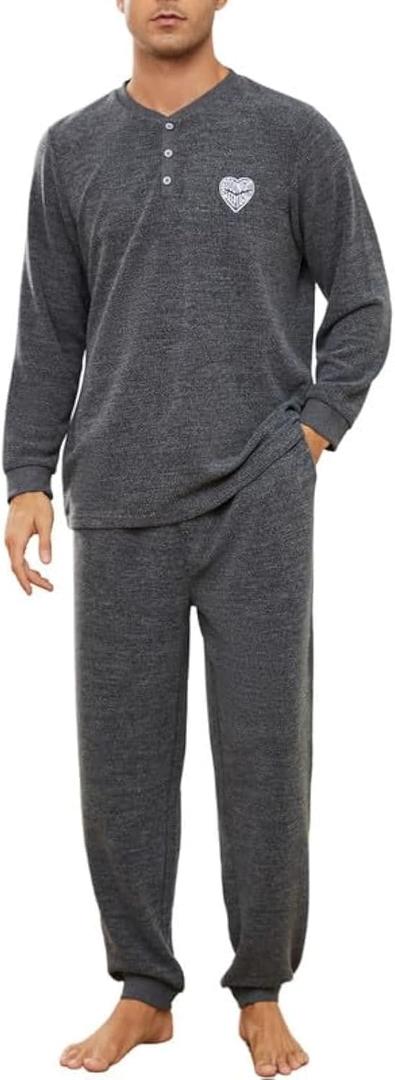 U2SKIIN Mens Henley Collar Pajama Set Long Sleeve Pajamas for Men loungewear Casual Sleepwear Pjs Set (X-Large, Black Grey Mel)