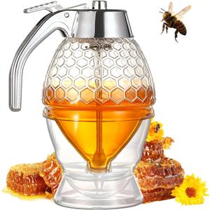 Honey Dispenser - Glass Honey Dispenser No Drip, 8oz Pot with Stand, Maple Syrup Container, Elegant Honeycomb Shaped Jar for Tea Time 