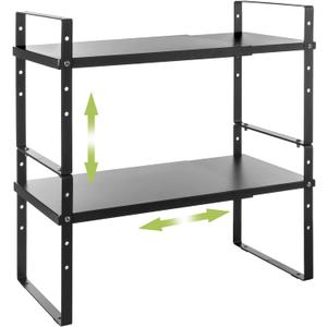 Expandable Cabinet Shelf Organizer Rack, Stackable Kitchen Countertop Organizer Storage Shelves, Adjustable Height Pantry Counter Shelf Riser Spice Rack (Black, 2 Pack) (8.7''D*15.7-25.6''W*9.8''H)