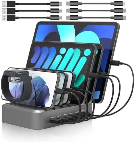 MSTJRY 90W 6-Port USB C Fast Charging Station for Multiple Devices, Multi PD Charger Station for iPhone iPad Tablet Phone, Charging Dock Organizer with Adjustable Dividers for Home Office Classroom