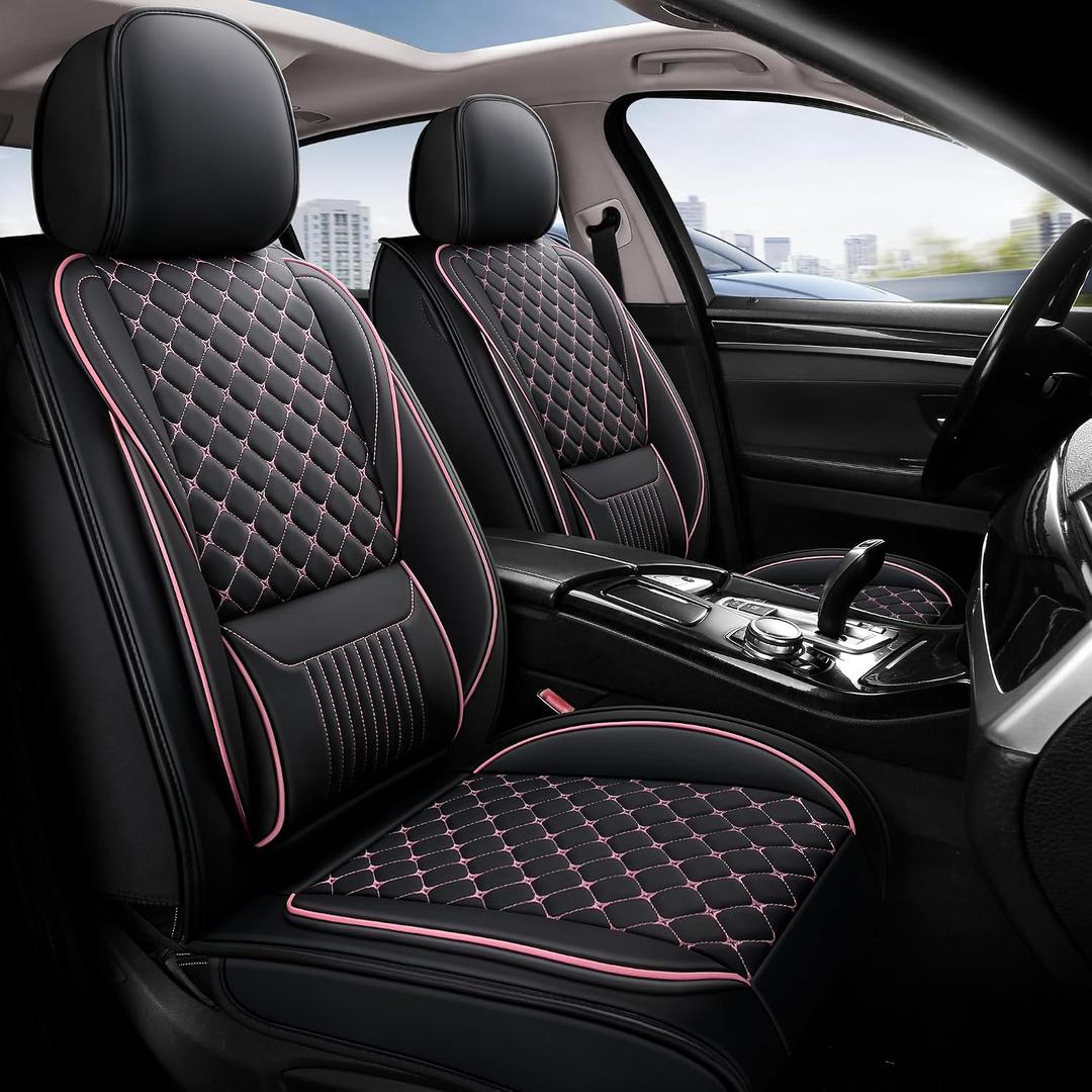 Leather Car Seat Covers,Full Coverage Seat Covers Full Set with Fix Lumber Support,Universal Automotive Seat Covers for Cars,SUVs,Trucks and Sedans (Black&Pink, Full Set)