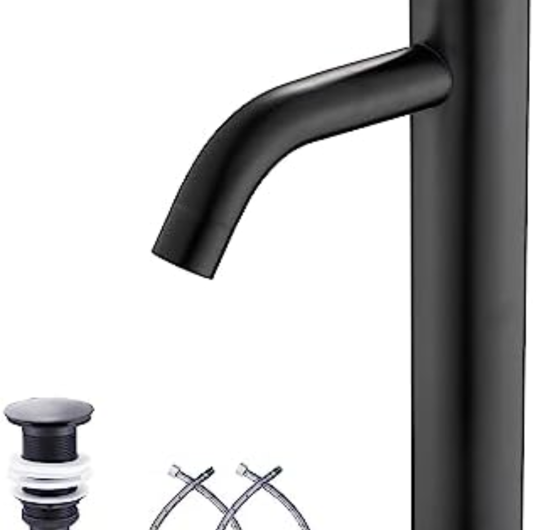 GGStudy Matte Black Bathroom Faucet Single-Handle 1 Hole Black Bathroom Vessel Sink Faucet Matching Pop Up Drain